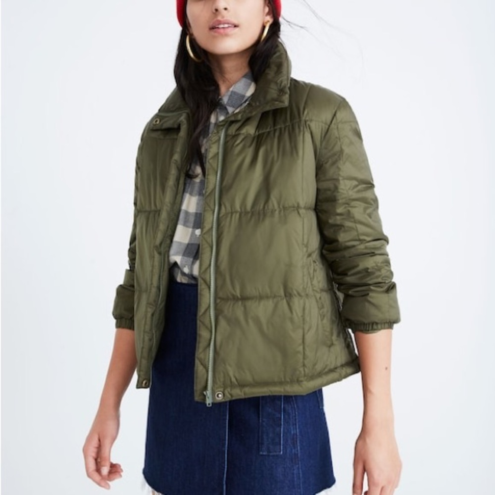 Madewell Cropped A-Line Puffer Jacket Olive Green PrimaLoft Size L